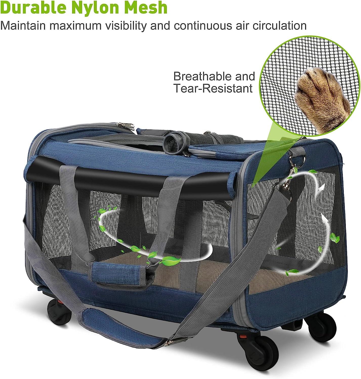 Cat Carriers with Wheels, Airline Approved Pet Travel Carriers with Breathable Mesh, Safe Locking Zippers