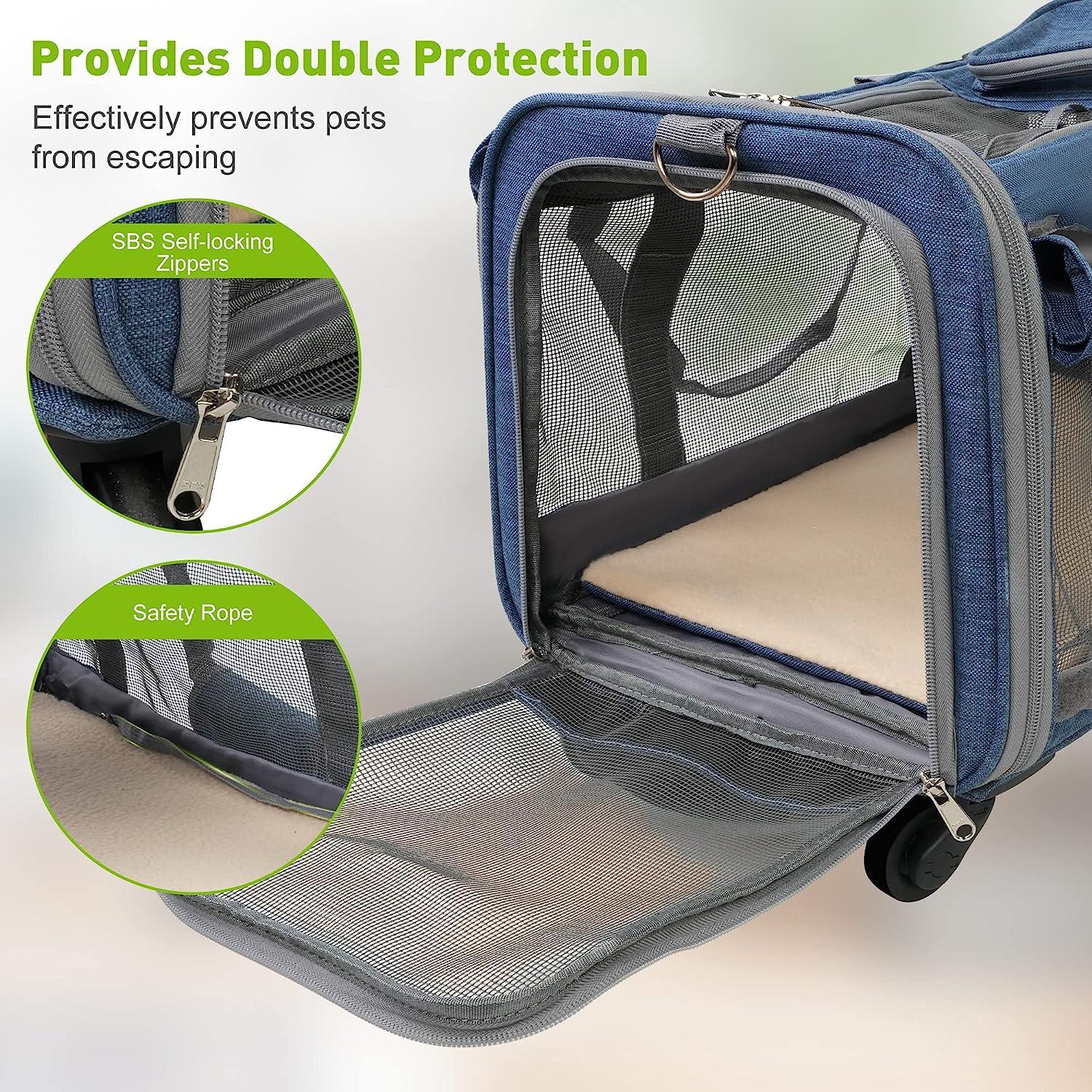 Cat Carriers with Wheels, Airline Approved Pet Travel Carriers with Breathable Mesh, Safe Locking Zippers