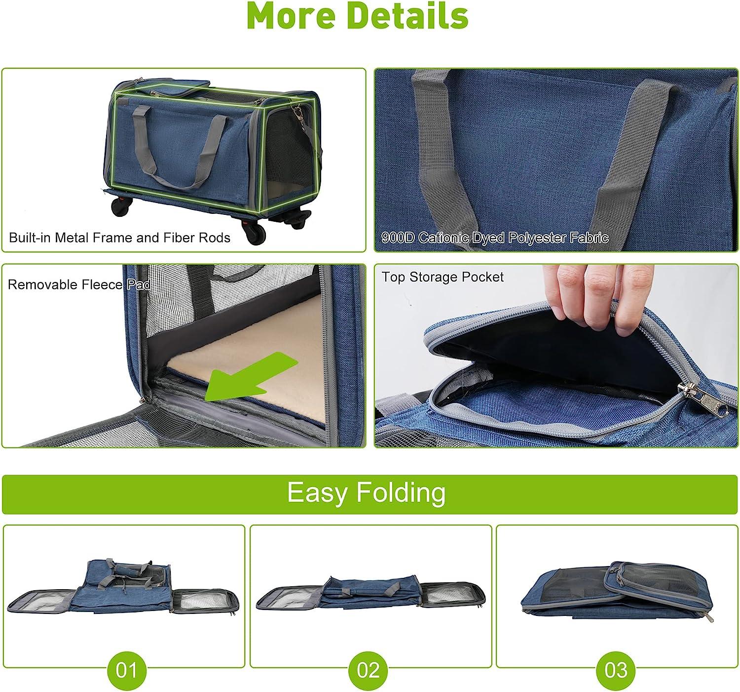 Cat Carriers with Wheels, Airline Approved Pet Travel Carriers with Breathable Mesh, Safe Locking Zippers