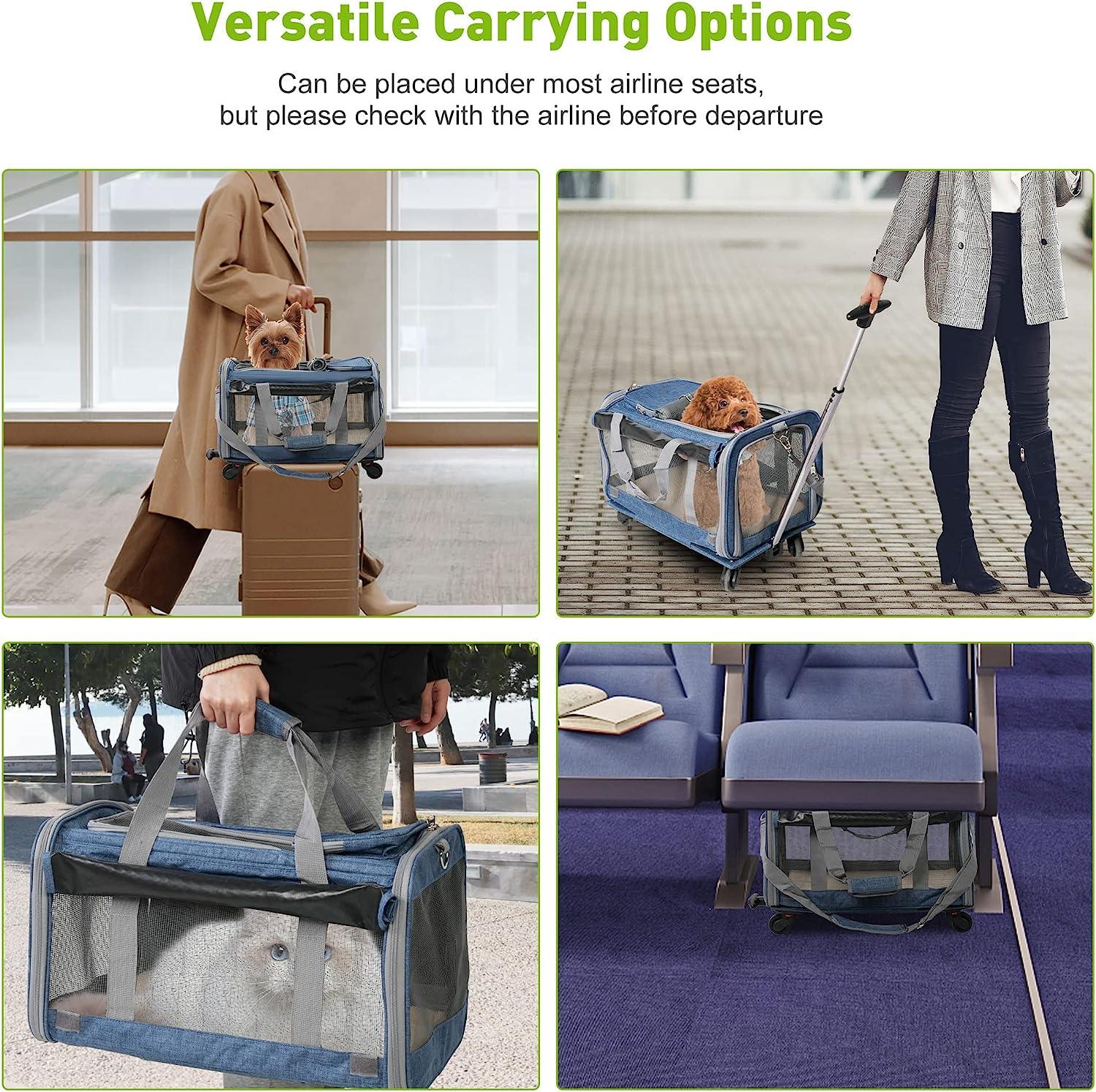 Cat Carriers with Wheels, Airline Approved Pet Travel Carriers with Breathable Mesh, Safe Locking Zippers