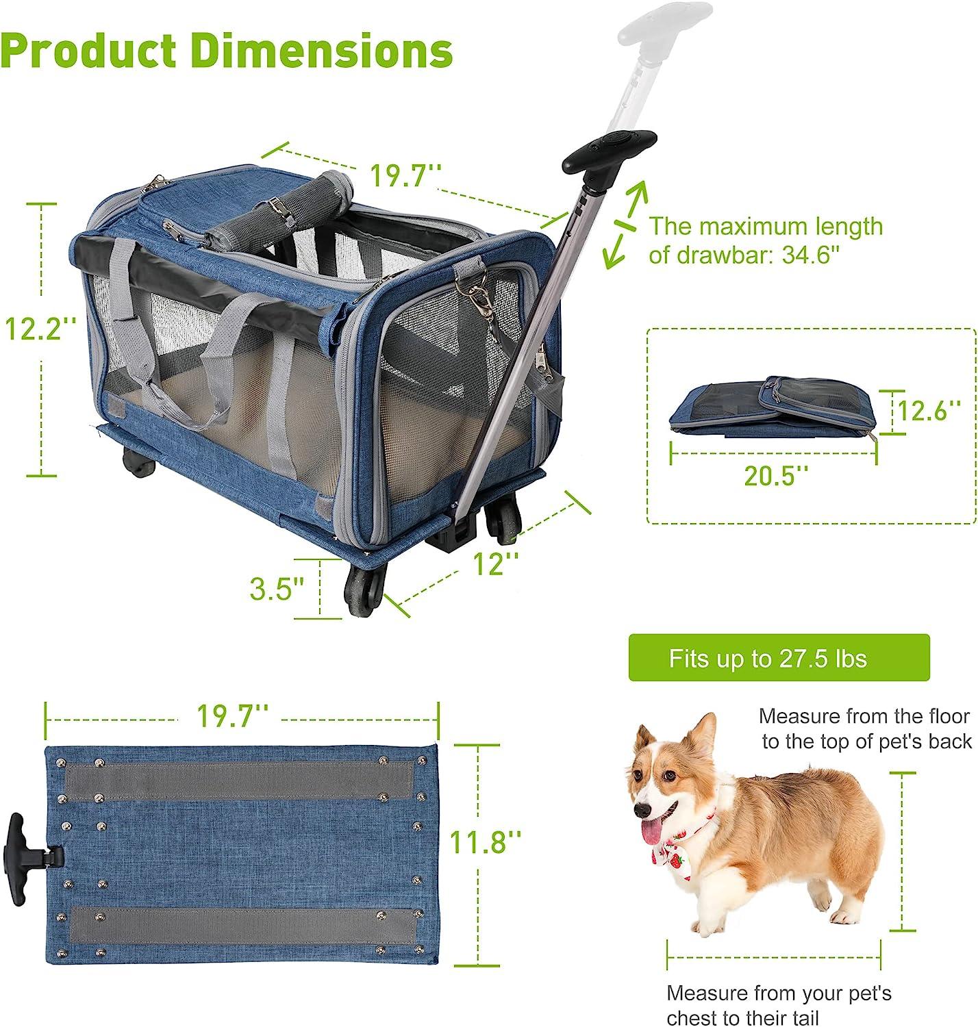 Cat Carriers with Wheels, Airline Approved Pet Travel Carriers with Breathable Mesh, Safe Locking Zippers