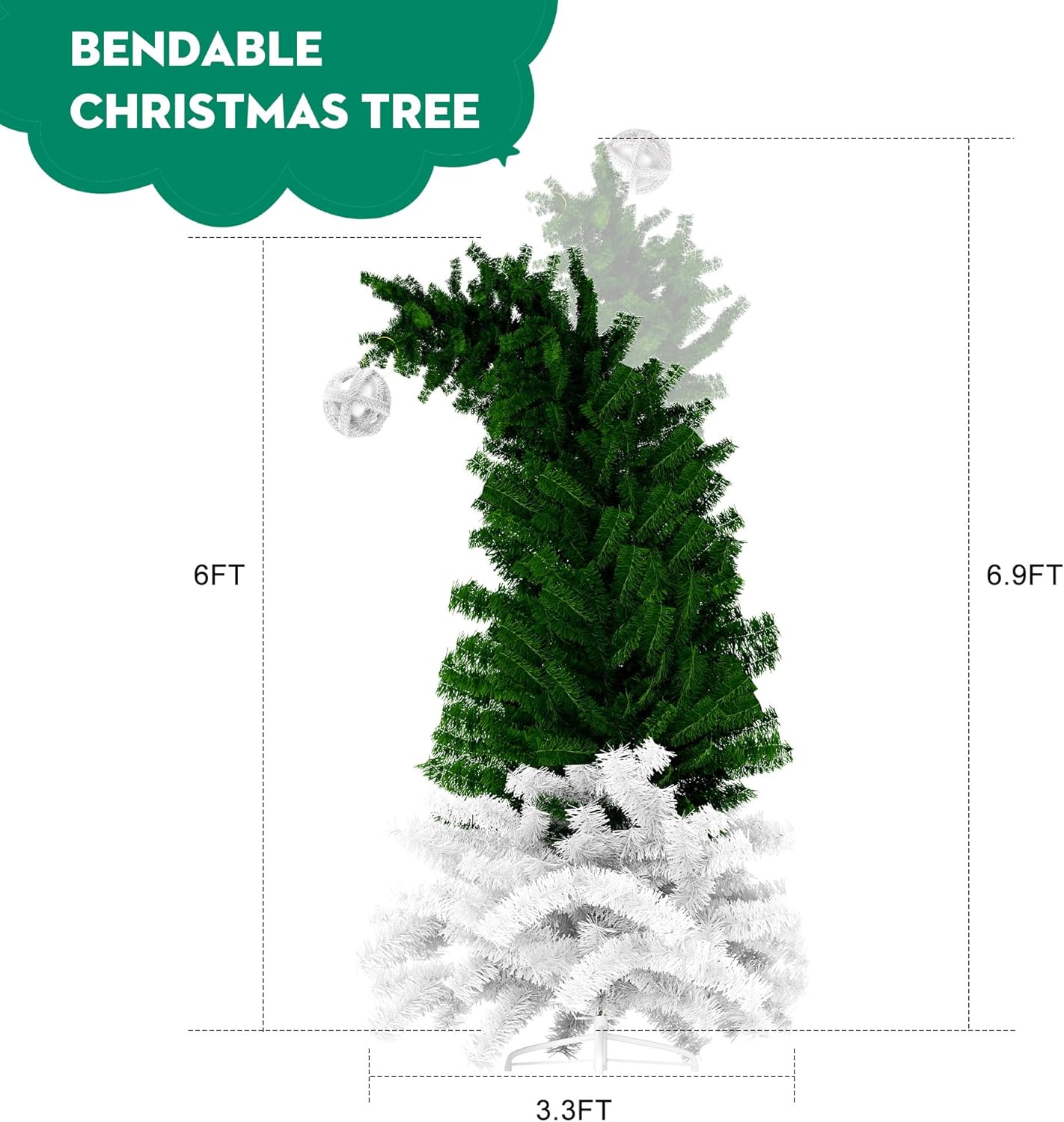 6ft Bendable Santa Hat Style Artificial Christmas Fir Tree Bent Top Xmas Tree with Metal Stand, 1050 Lush Branch Tips - Bosonshop