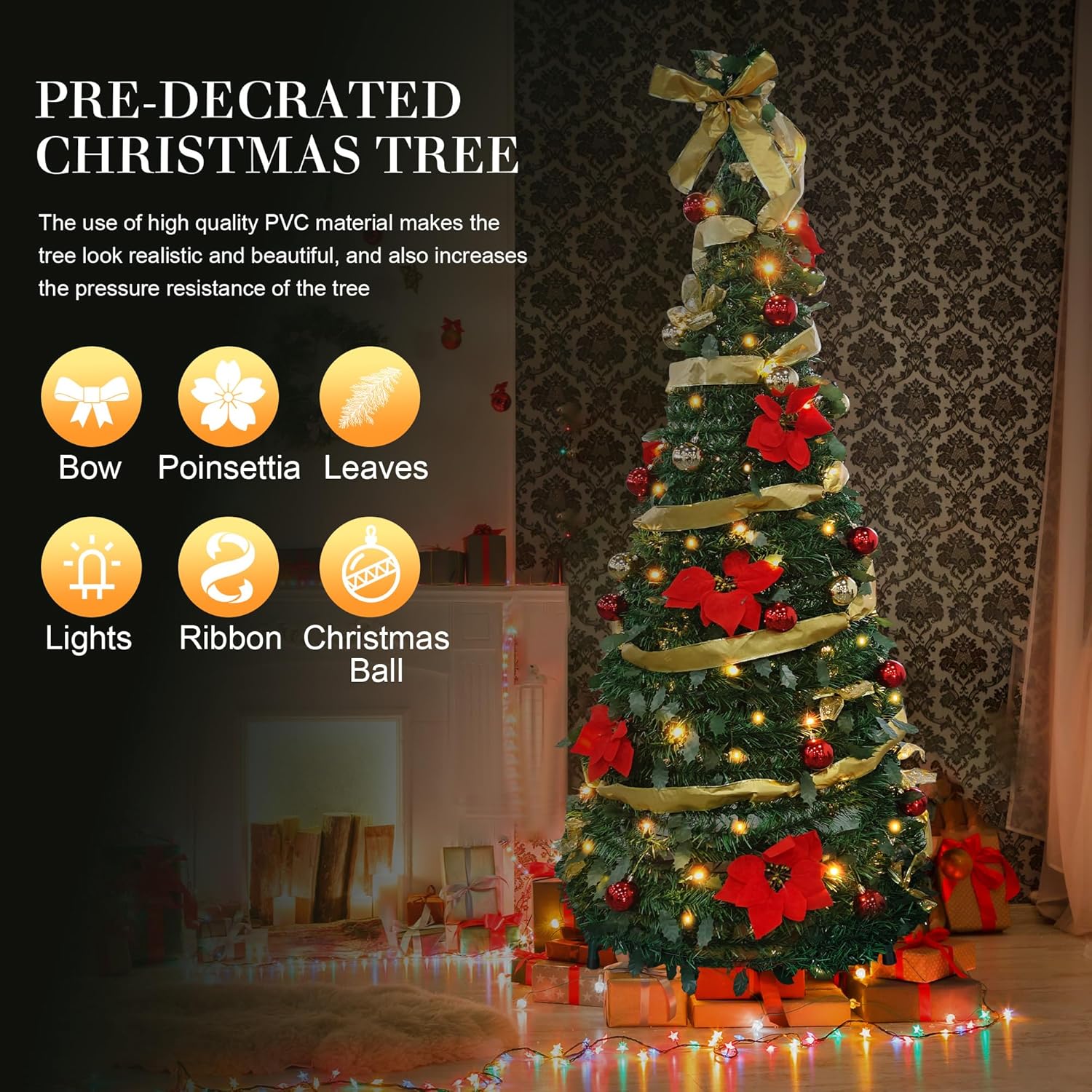 6ft Pre-Lit Collapsible Artificial Christmas Tree Pre-Decorated Pop Up Xmas Tree with 200 Lights, Gold and Red Balls, Bows, Flowers - Bosonshop