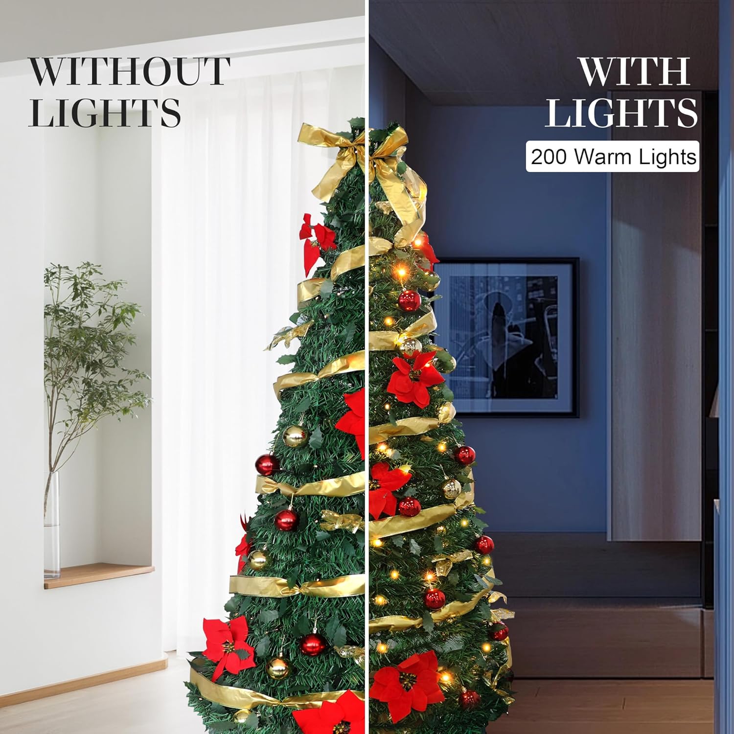6ft Pre-Lit Collapsible Artificial Christmas Tree Pre-Decorated Pop Up Xmas Tree with 200 Lights, Gold and Red Balls, Bows, Flowers - Bosonshop