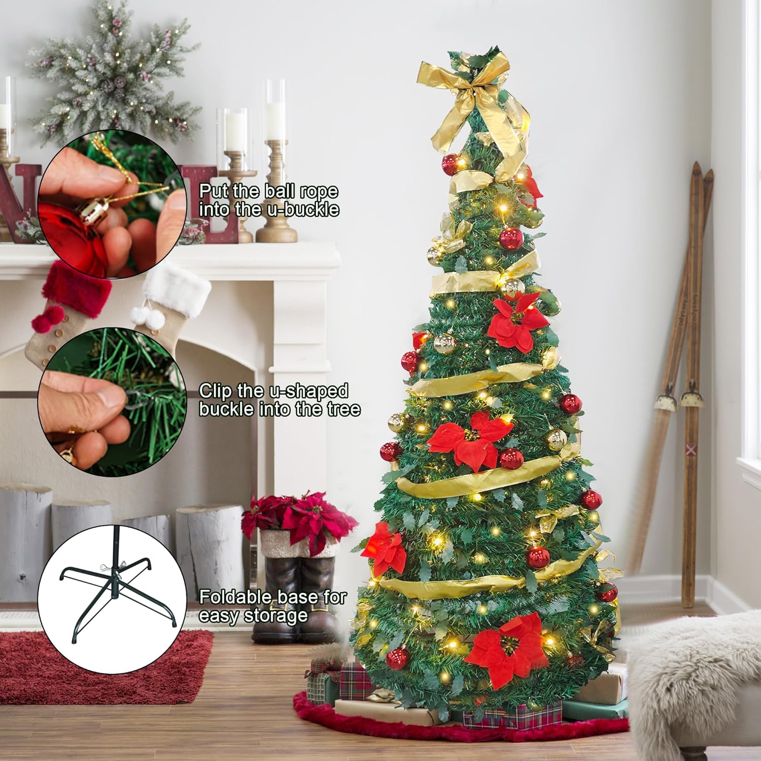 6ft Pre-Lit Collapsible Artificial Christmas Tree Pre-Decorated Pop Up Xmas Tree with 200 Lights, Gold and Red Balls, Bows, Flowers - Bosonshop