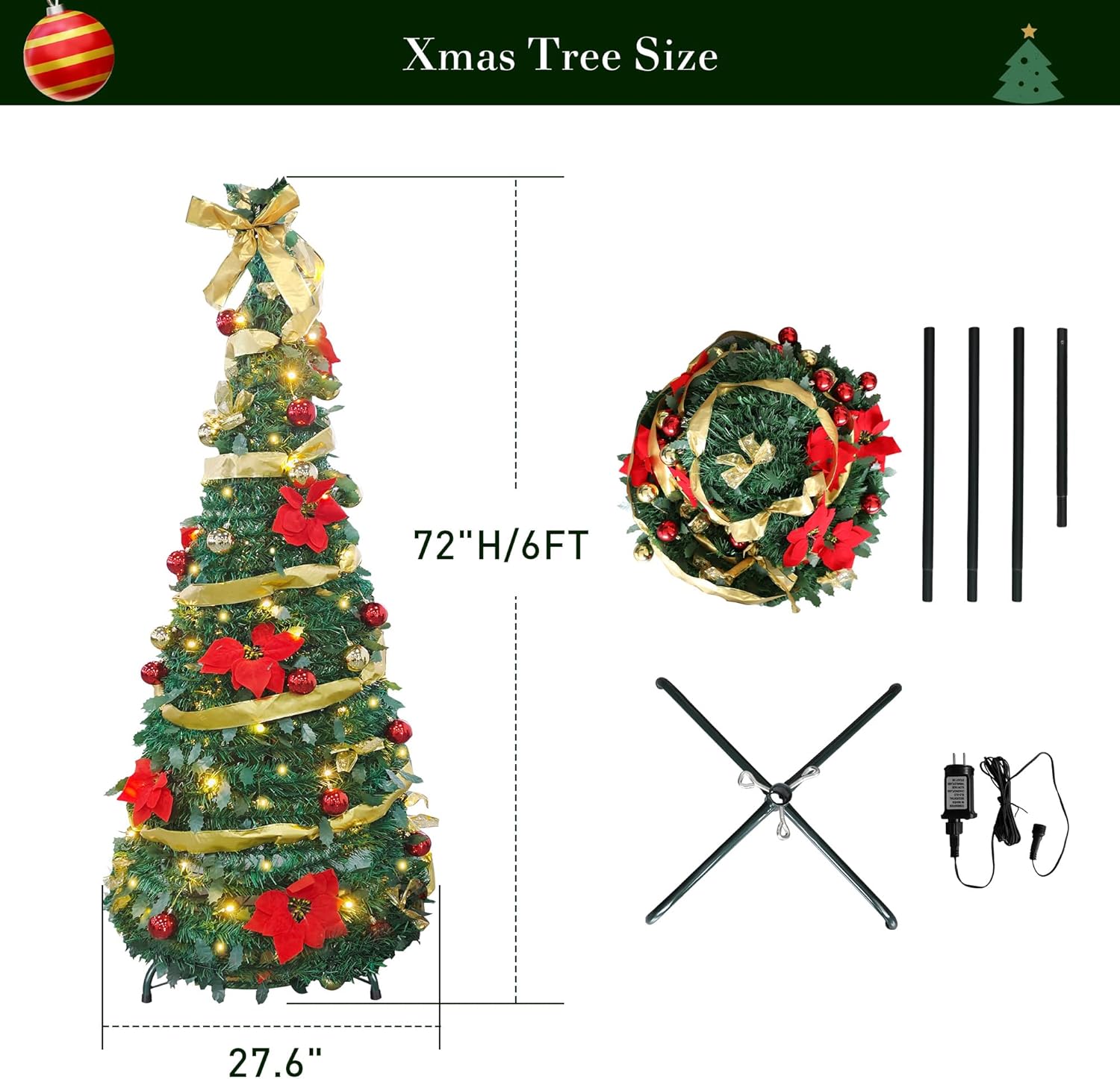 6ft Pre-Lit Collapsible Artificial Christmas Tree Pre-Decorated Pop Up Xmas Tree with 200 Lights, Gold and Red Balls, Bows, Flowers - Bosonshop