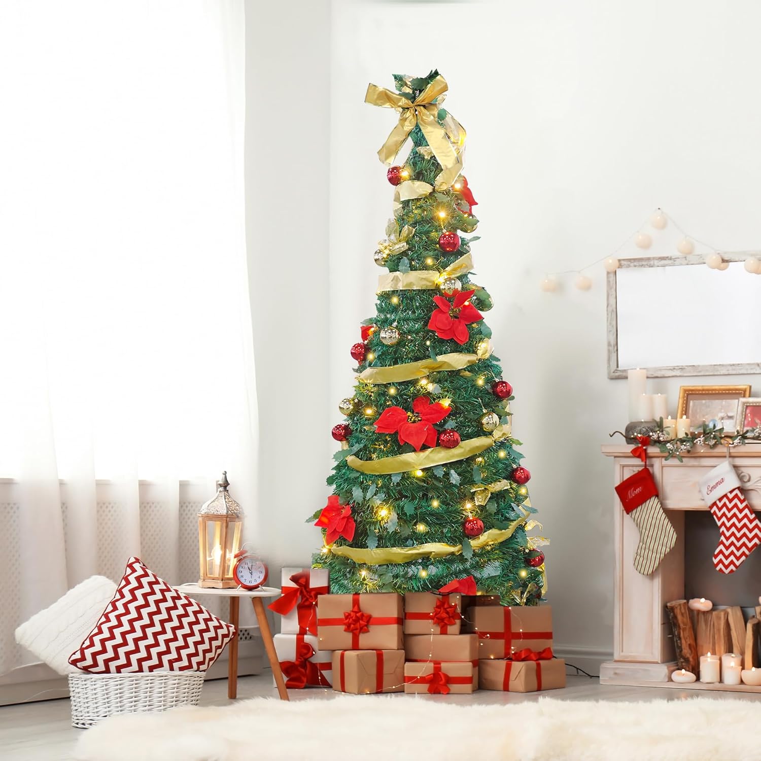 6ft Pre-Lit Collapsible Artificial Christmas Tree Pre-Decorated Pop Up Xmas Tree with 200 Lights, Gold and Red Balls, Bows, Flowers - Bosonshop