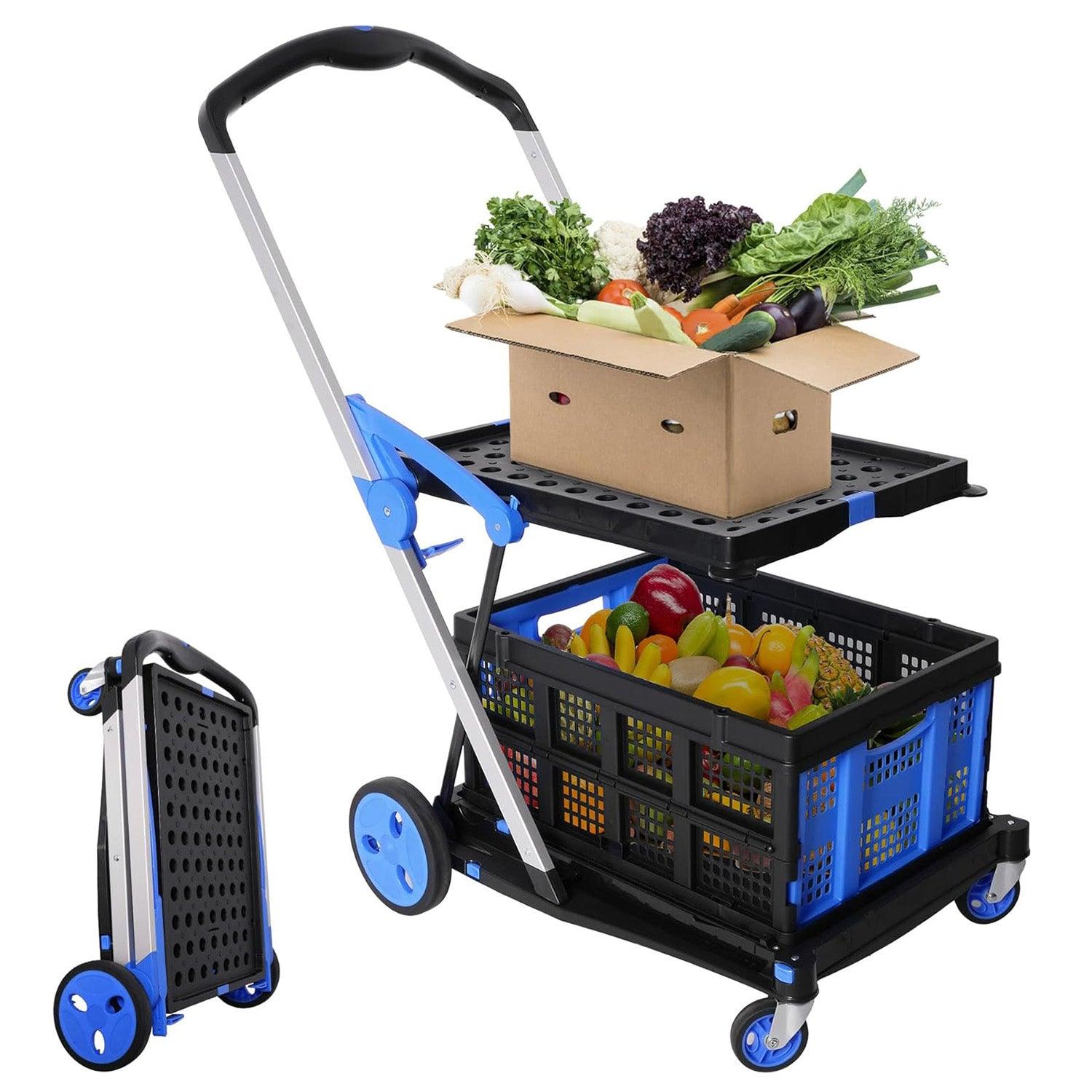 2-Tier Collapsible Cart with Crate Multi-Functional Foldable Trolley with Rolling Swivel Wheels