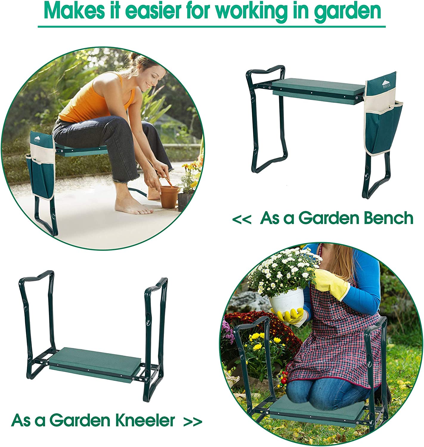 Garden Kneeler and Seat Heavy Duty Gardening Stool with Tool Bag & EVA Kneeling Pad