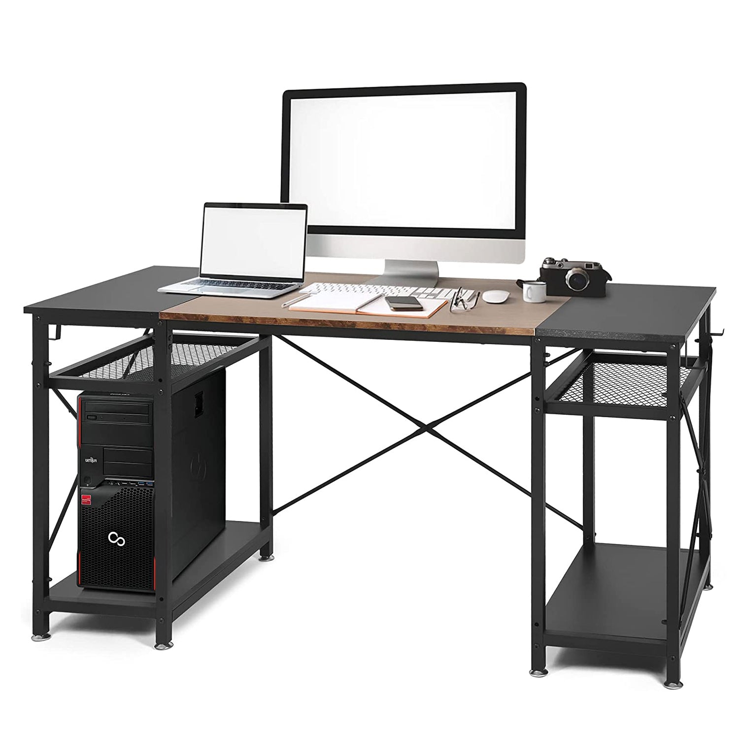 Spacious 47.2" Computer Desk with Storage Shelves, Hooks, and CPU Stand - Ideal Home Office Desk for Study and Work, Stylish Black