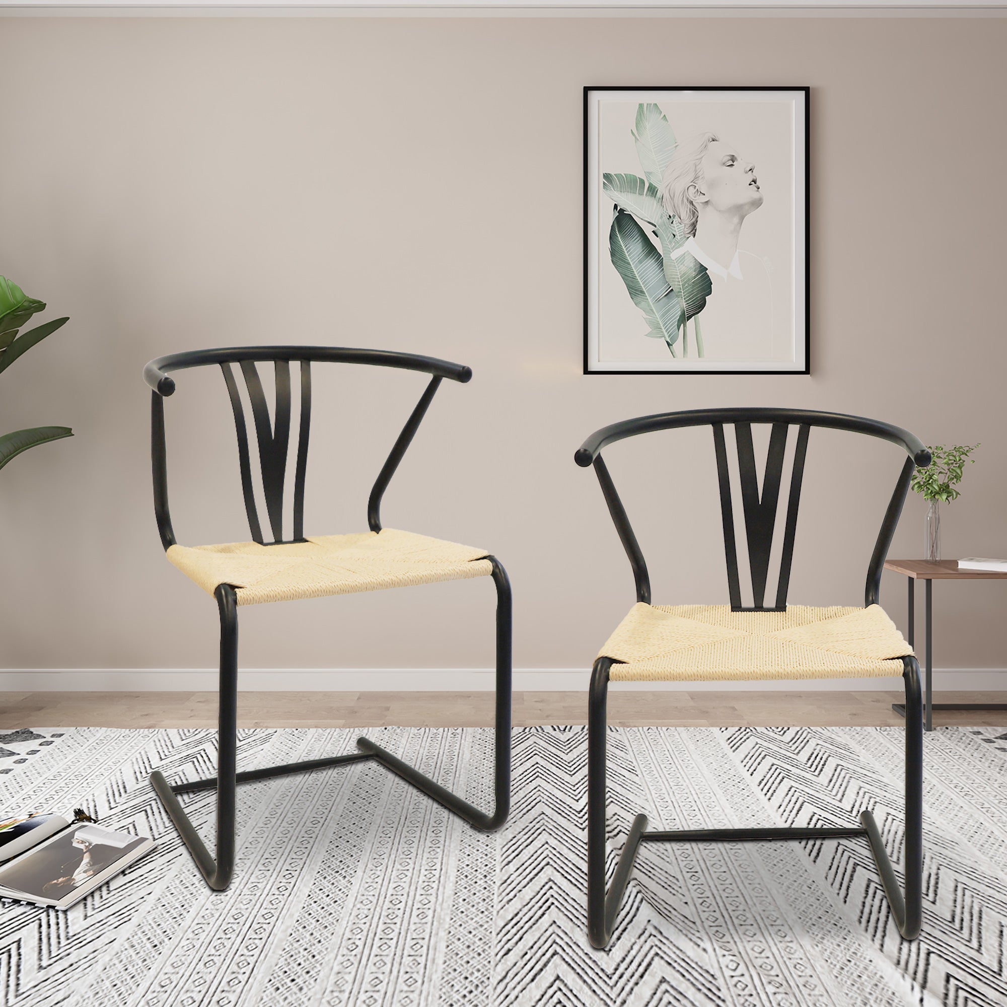 Black Wishbone Dining Chair Set of 2 Hand-Woven Paper Rattan Chairs