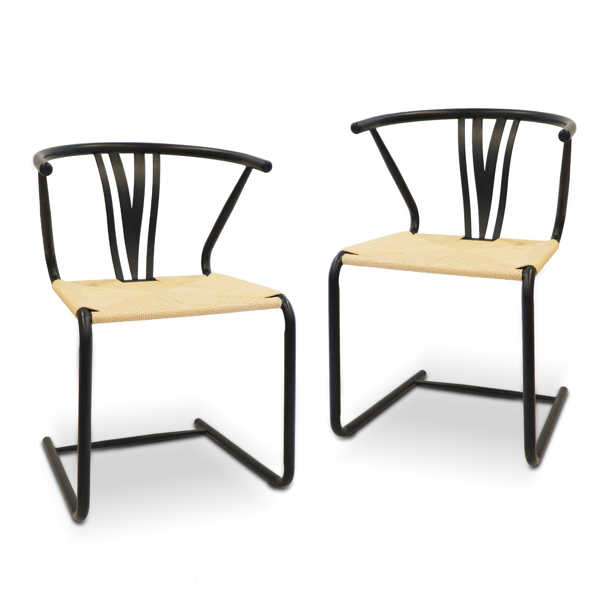 Black Wishbone Dining Chair Set of 2 Hand-Woven Paper Rattan Chairs