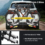 Hitch Bike Rack for 2 Bikes, Foldable Bicycle Car Racks w/ Adjustable Arms Smart Tilting for 2.4" Width Tire, 1.25" & 2" Receiver