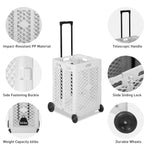 Foldable Rolling Cart Crate Collapsible Basket with Wheels & Telescopic Handle, 66 lbs Capacity, White
