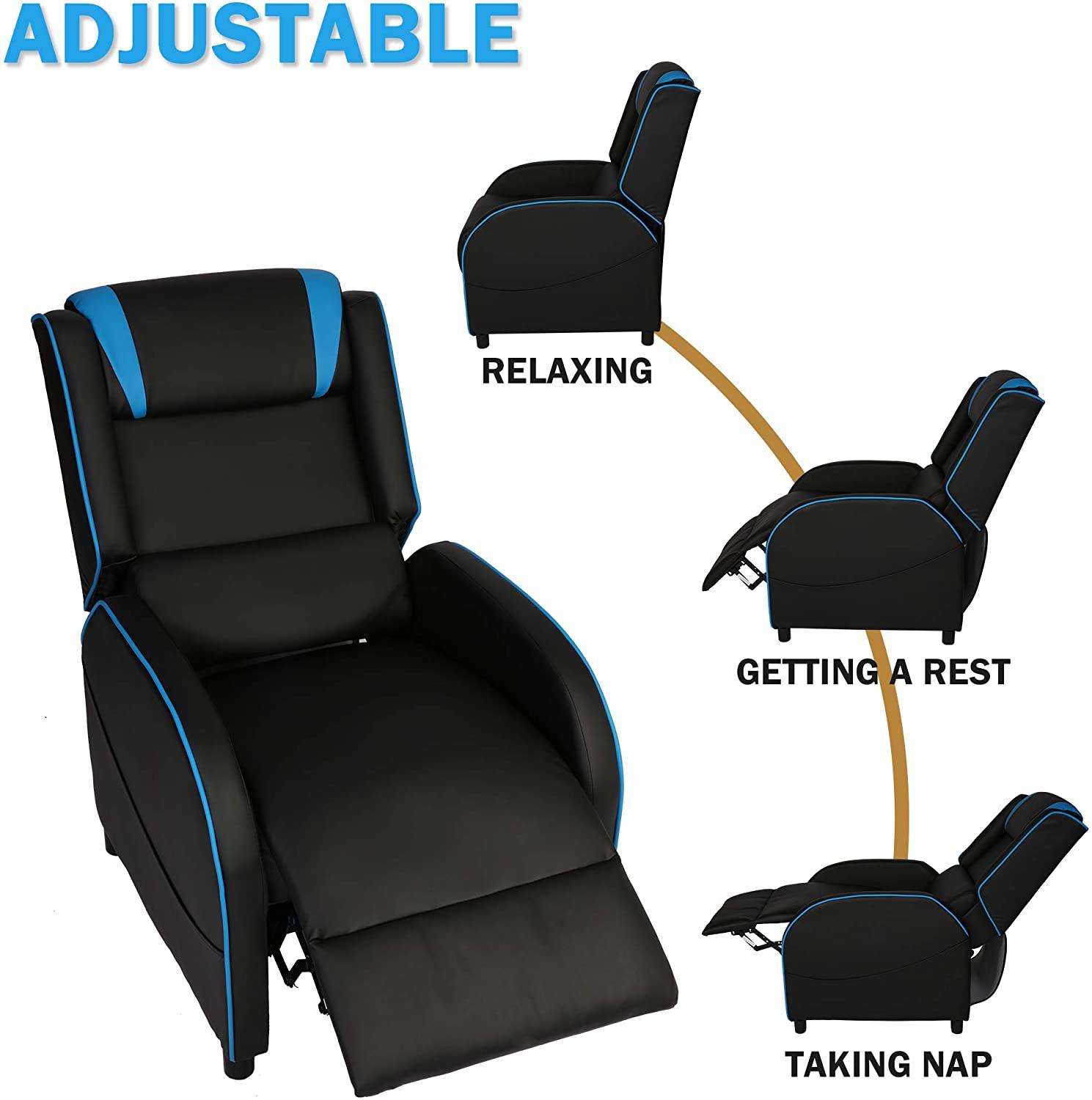 Racing Recliner Chair PU Leather Single Sofa Adjustable Gaming Style Seating Recliner Sofa Living Room Recliner, Blue - Bosonshop