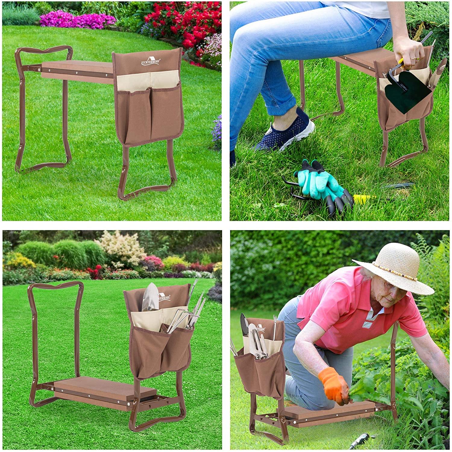 Garden Kneeler and Seat Folding Kneeling Bench Stool with Tool Pouches Soft EVA Foam for Gardening, Brown - Bosonshop