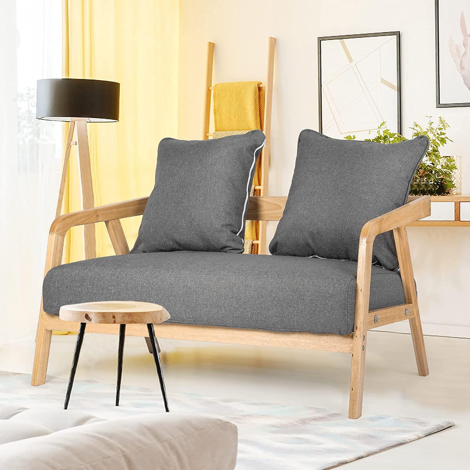 Modern Loveseat Sofa with Wood Armrest,Upholstered Fabric Furniture 2-Seat Small Sofa Couch for Bedroom for Small Spaces and Office, Grey - Bosonshop