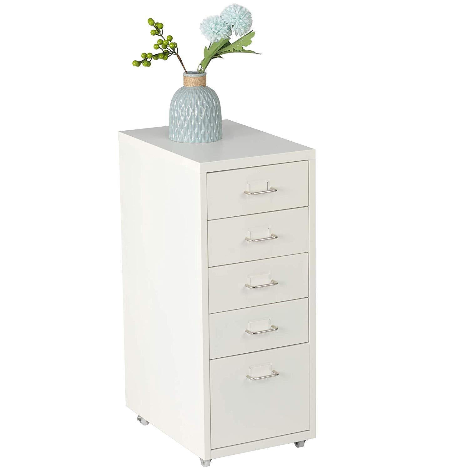 5 Drawer Chest Metal Storage Dresser Cabinet for Home Office Cabinets, White - Bosonshop