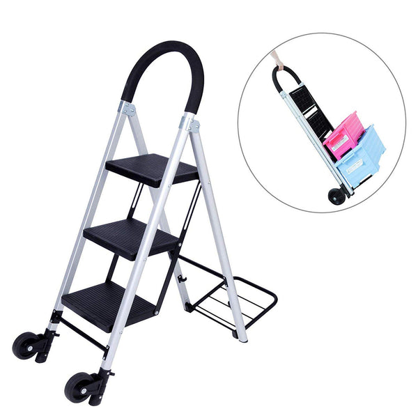 3 Step Ladder Folding Hand Truck 2 in 1 Convertible Aluminum Ladders with Wheels for Home Office