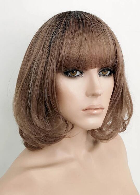 Brown With Dark Roots Straight Bob Synthetic Wig - Bosonshop