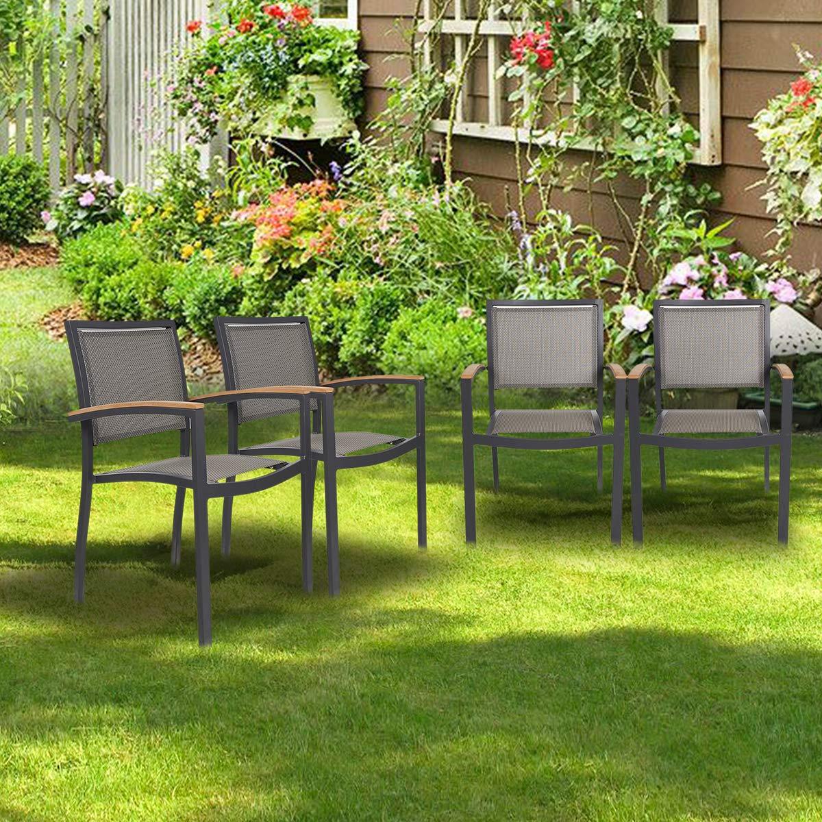 Bosonshop Outdoor Patio Dining Chairs with Teak Armrest,Textilene Mesh Fabric Aluminum Frame, Gray
