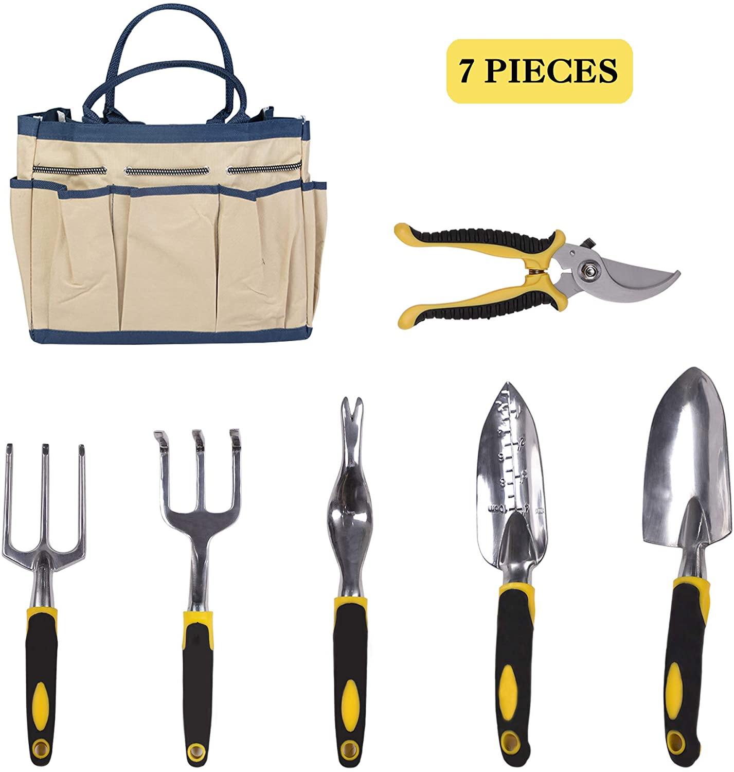 Garden Tool Set 7 Piece Manual Gardening Gifts Kit Planting Tools Anti-Rust Trowel Rake Pruner Non-Slip Handles Waterproof Storage Tote - Bosonshop