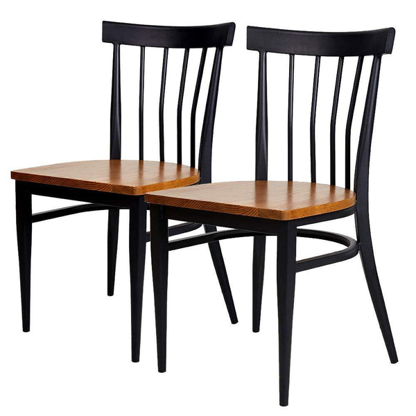 Set of 2 Slat Back Dining Chairs Metal Leg Side Chairs with Wood Seat, Black