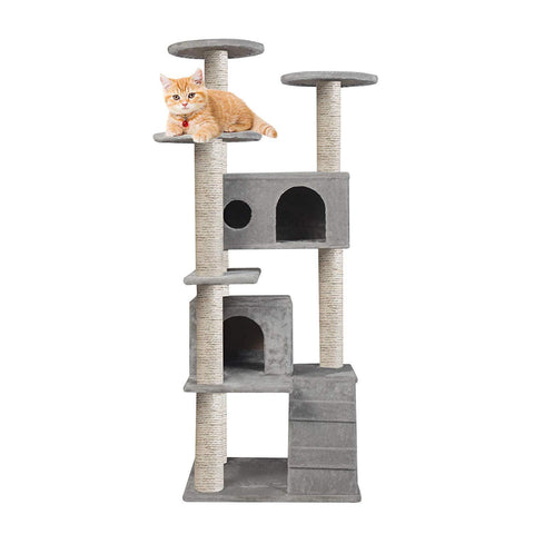 53.9" Cat Tower Scratching Post Activity Tree House - Grey - Bosonshop