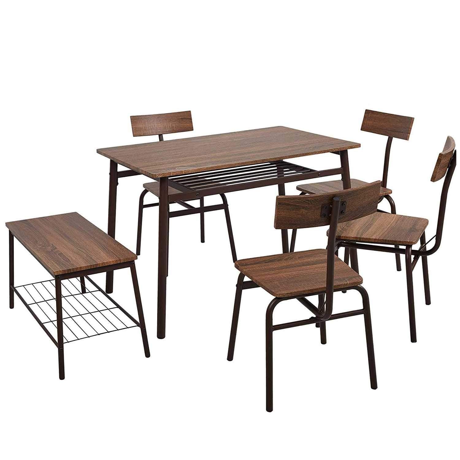Bosonshop 6 Piece Wooden Dining Table Set, Bench Retro Style, Brown
