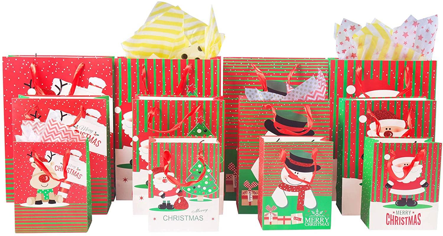 12 Pack Assorted Christmas Gift Bags with Small Medium Large Size, 4 Xmas Pattern Holiday Gift Bags with Tissue Paper, Bright - Bosonshop