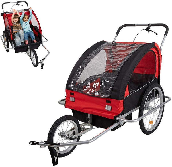Double Child Kids Bike Trailer Bicycle Carrier 2-Seater Baby Stroller Jogger for Outdoor Travel Walking Cycling, 2-in-1, Red