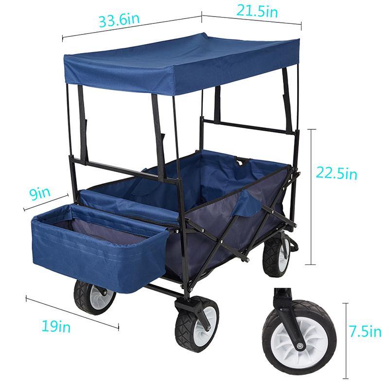Outdoor Folding Wagon Collapsible Utility Cart with Removable Canopy and Storage Basket Blue - Bosonshop