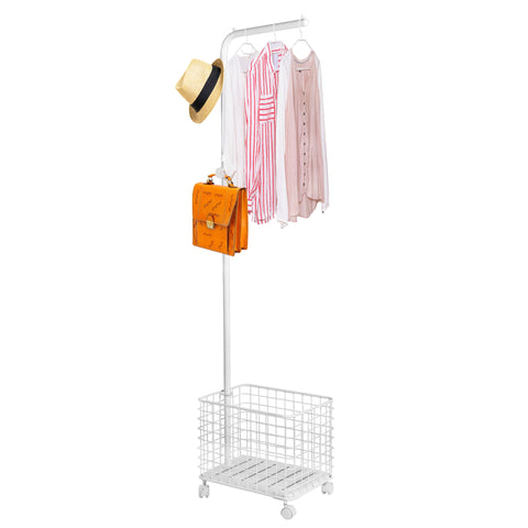 Laundry Cart Wire Basket with Rolling Clothes Garment  Rack, White