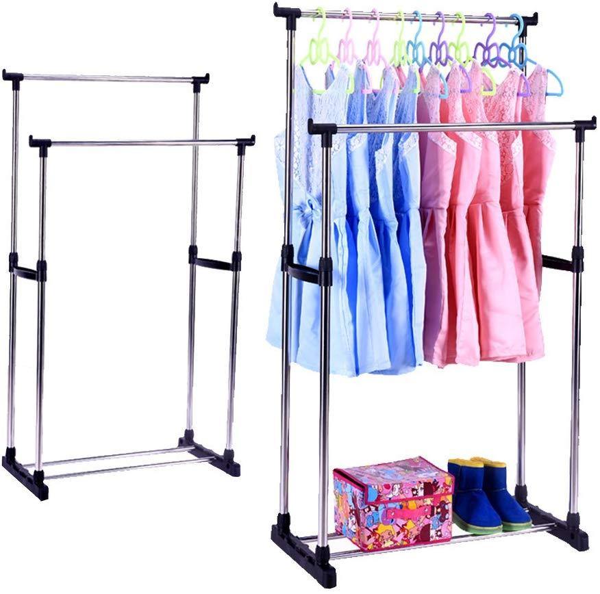 Portable Double Rods Rolling Clothes Rack Adjustable Garment Rack Hanging Rack for Clothes - Bosonshop