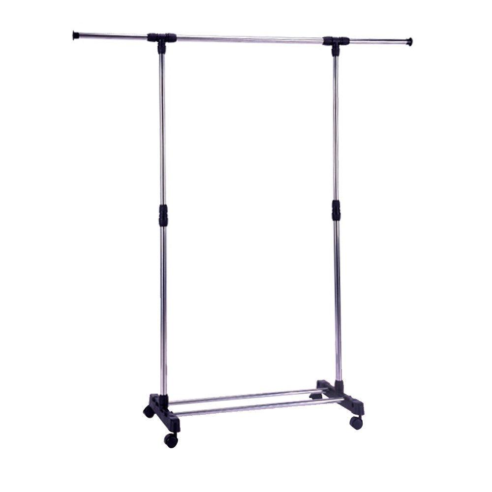 Bosonshop Portable Single Rod Extendable Clothes Rack Garment Rack -with Wheels Storage Shelves