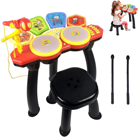 Kids Electronic Toy Drum Set with 1 Stool, Adjustable Microphone and Drum Sticks, Musical Instruments Playset Toys with Sounds and Lights - Bosonshop