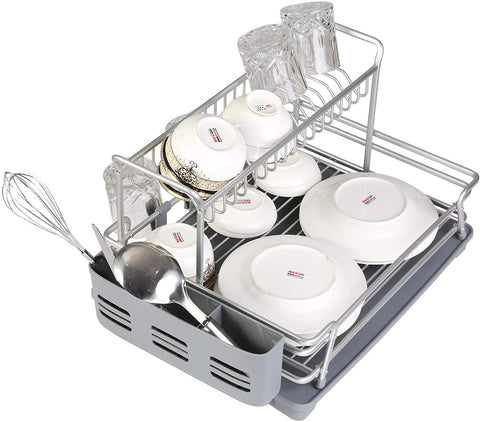 Dish Drying Rack with 360° Swivel Drain Board and Drain Spout, Grey - Bosonshop