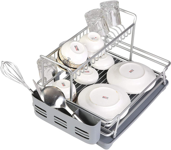 Dish Drying Rack with 360° Swivel Drain Board and Drain Spout, Grey
