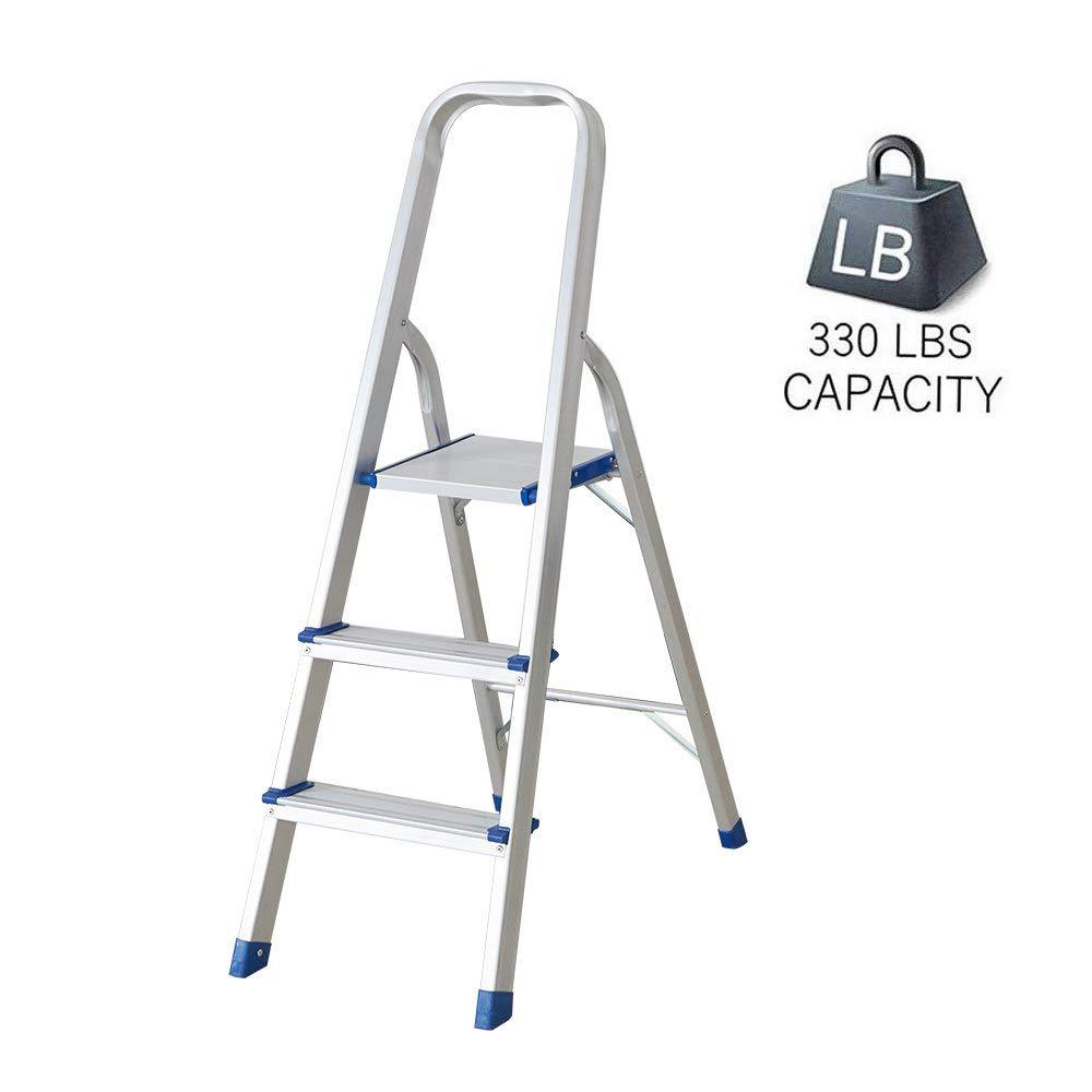 Bosonshop 3 Step Non-Slip Aluminum Ladder Folding Platform Stool with 330 lbs Load Capacity Silver
