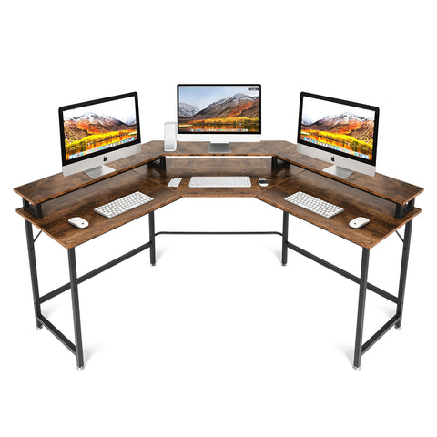 Sturdy Corner W Shaped Computer Desk with Monitor Stand – Ideal for Home Office, Gaming, and Study Rooms
