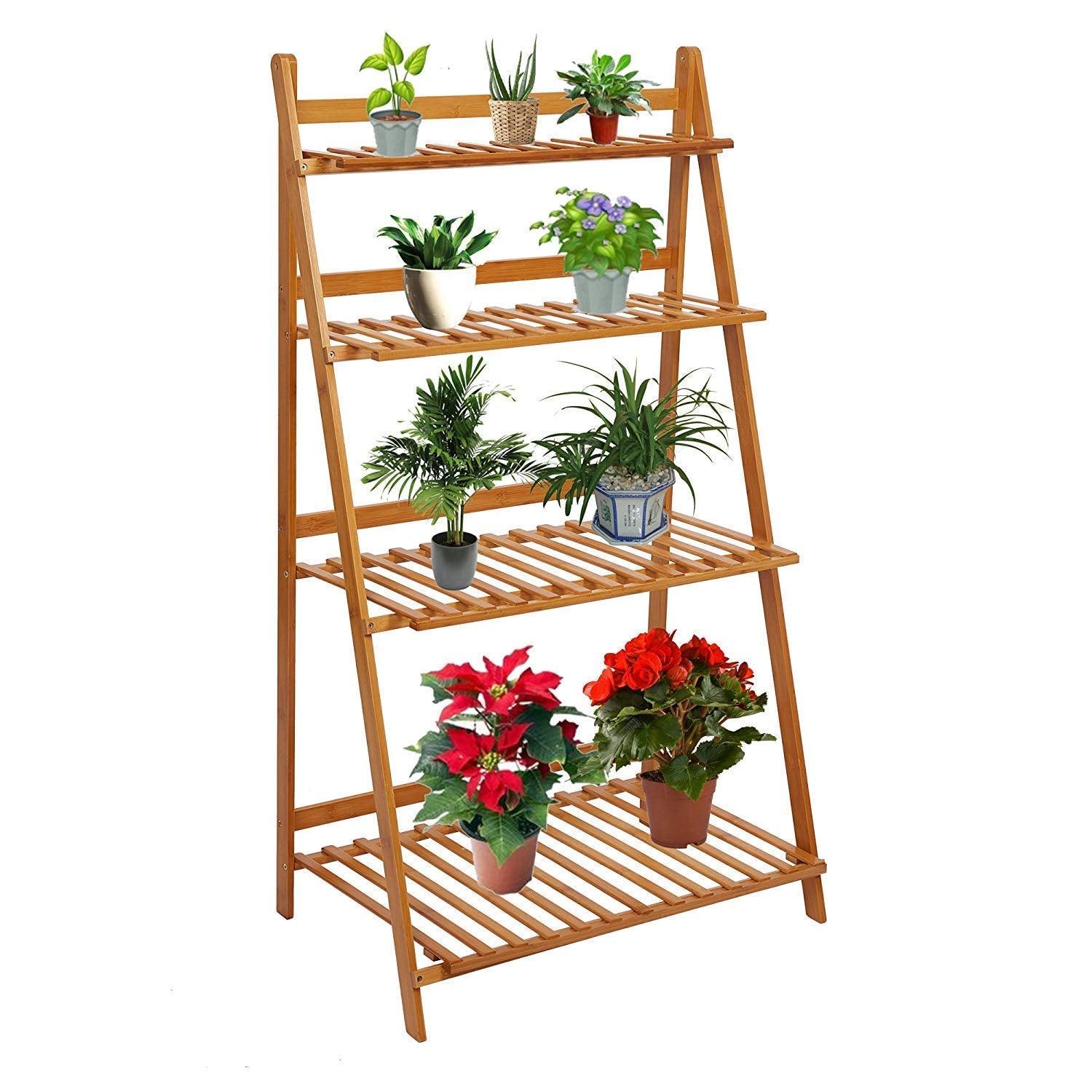 Bosonshop  4-Tier Bamboo Flower Stand Rack Shelf Foldable Pot Planter Display