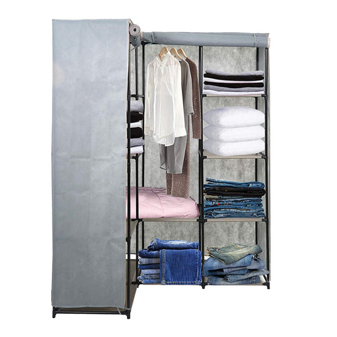 Bosonshop Wardrobe Storage Organizer with Metal Shelves and Dustproof Non-Woven Fabric Cover in Gray