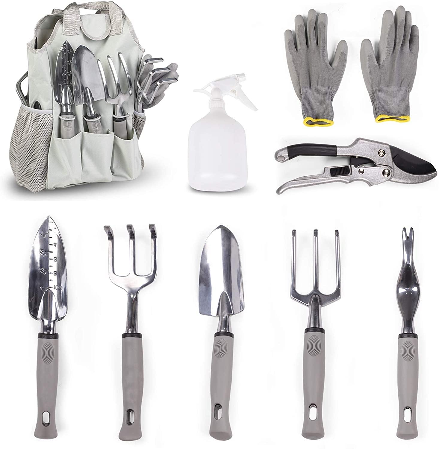 Garden Tool Set 9 Piece Manual Garden Gifts Kit Planting Trowel Rake Pruner Non-Slip Handles Gloves Spray Bottle and Storage Tote - Bosonshop