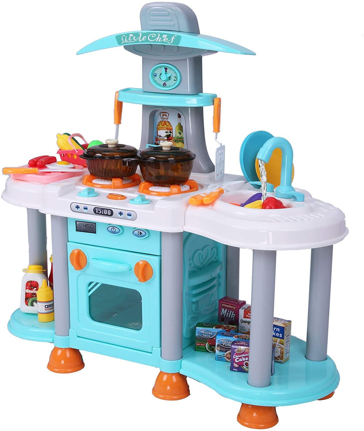 Kids Kitchen Playset with Lights & Sounds Play Kitchen Activity Set with 38 PCS Kitchen Accessories and Food Toys, Light Blue - Bosonshop