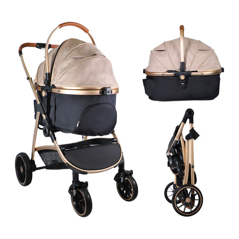3 in 1 Foldable Aluminum Alloy Frame Pet Stroller No-Zip Dog Stroller with Detachable Carrier & Cup Holder, Up to 33 lbs, Gold