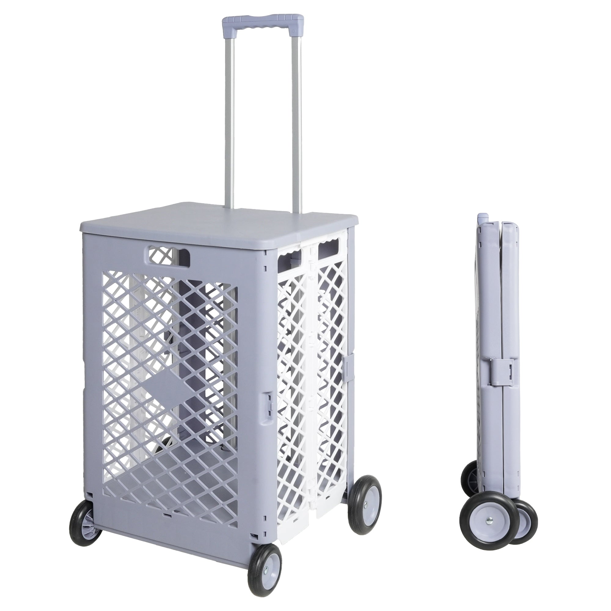 Foldable Mesh Rolling Cart with Wheels, updated Utility Tools Rolling Crate  w/ Telescopic Handle, Grey White