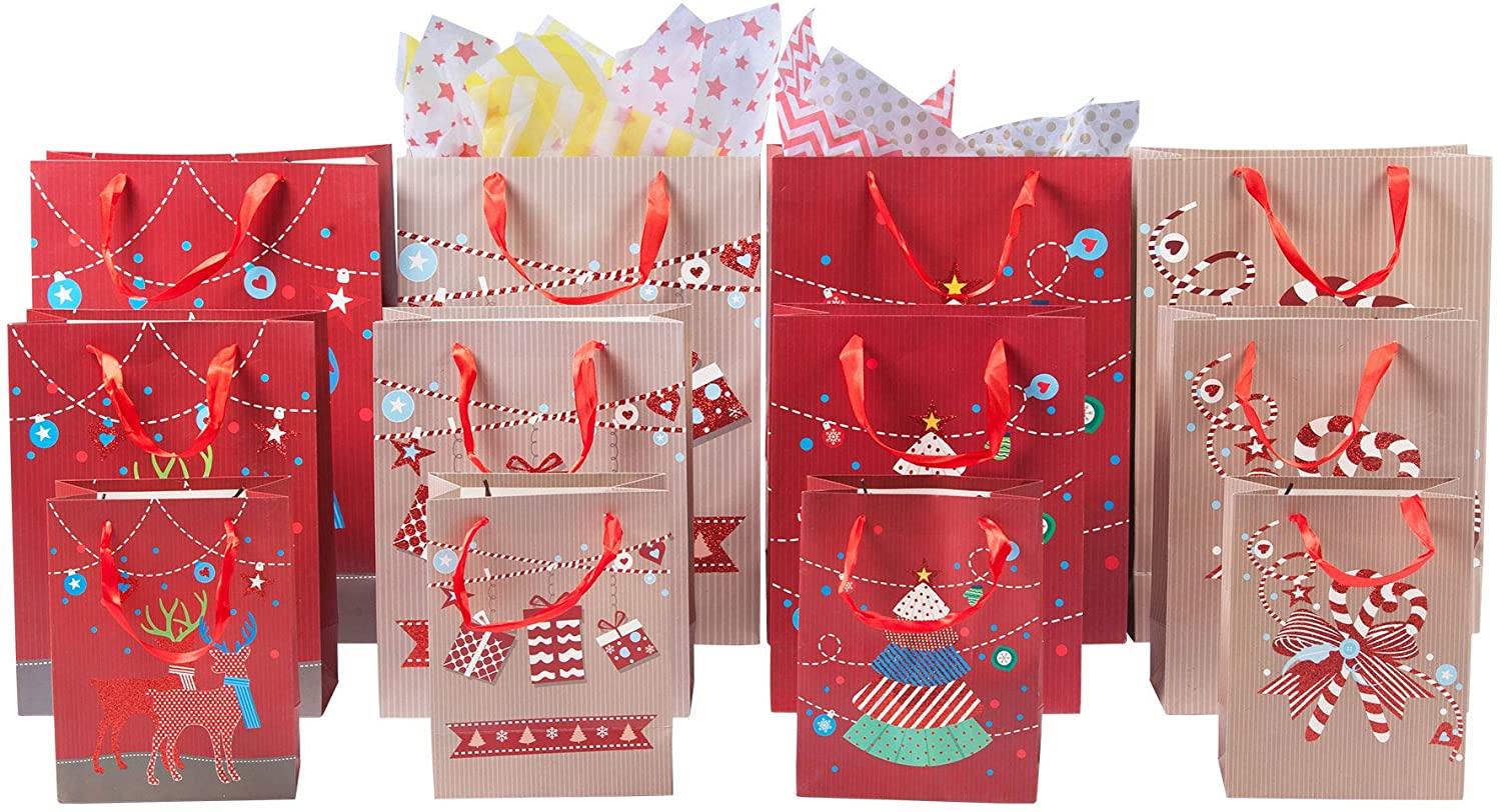 12 Pack Assorted Christmas Gift Bags with Small Medium Large Size, 4 Xmas Pattern Holiday Gift Bags with Tissue Paper, Red with Glitter - Bosonshop