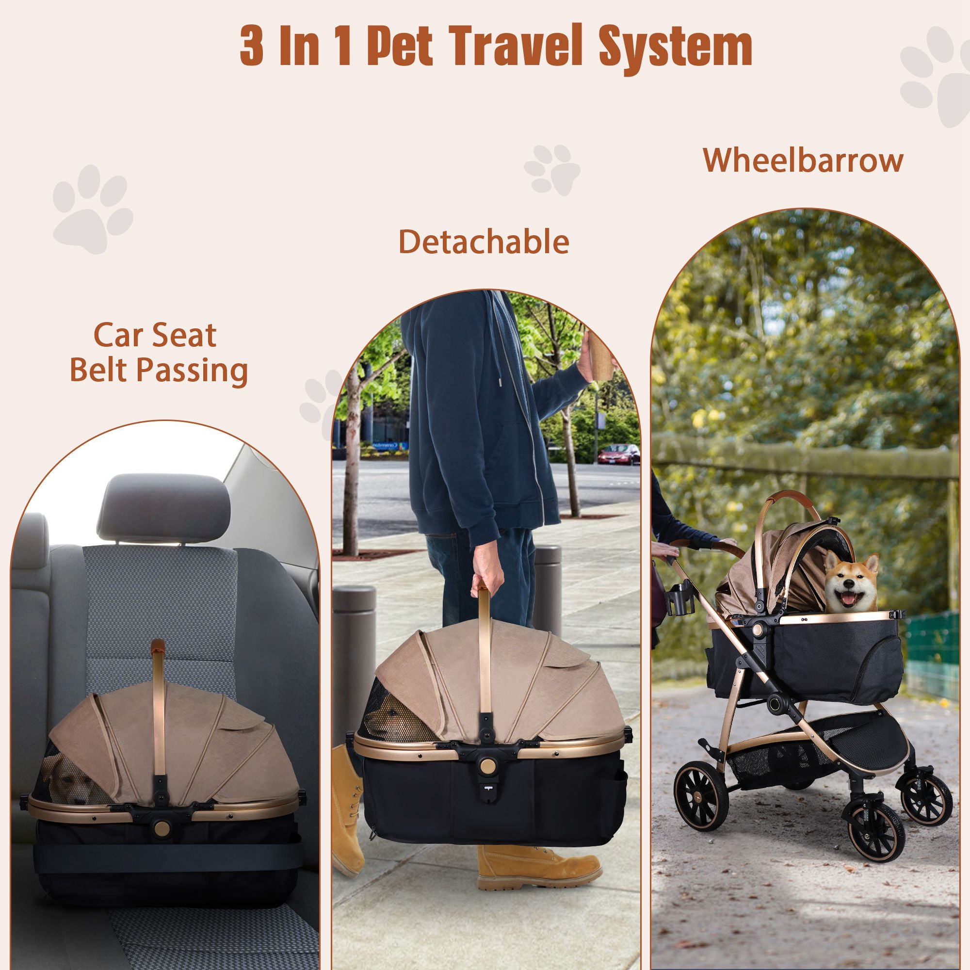 3 in 1 Foldable Aluminum Alloy Frame Pet Stroller No-Zip Dog Stroller with Detachable Carrier & Cup Holder, Up to 33 lbs, Gold