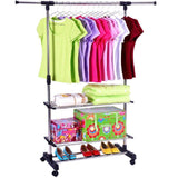 Bosonshop Portable Single Rod Extendable Clothes Rack Adjustable Garment Rack with Wheels 3 Tiers Storage Shelves