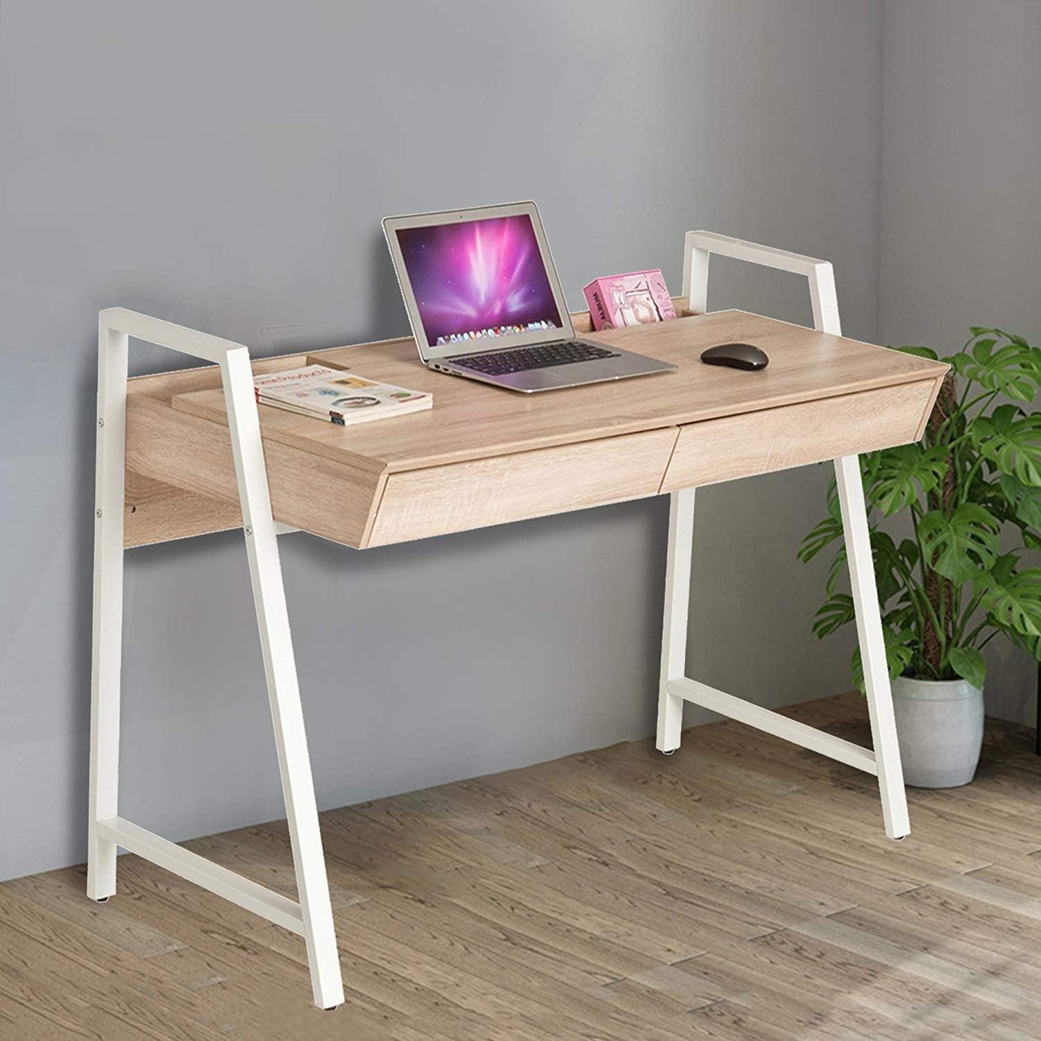 Bosonshop Wood Computer Desk Computer Table Writing Desk Workstation Study Home Office Furniture with Two Drawers,White